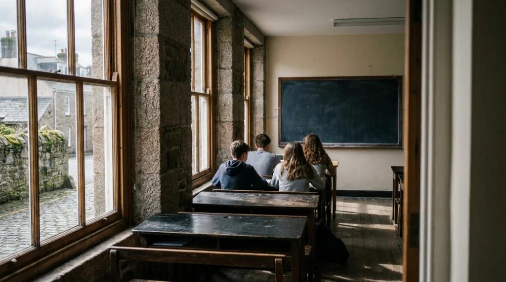 A quiet stone-walled classroom in a traditional Jersey secondary school building, seen from the doorway.