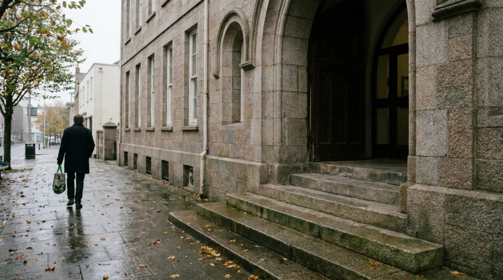 The exterior of the Royal Court building in St Helier, Jersey, Channel Islands, on a grey autumn morning.