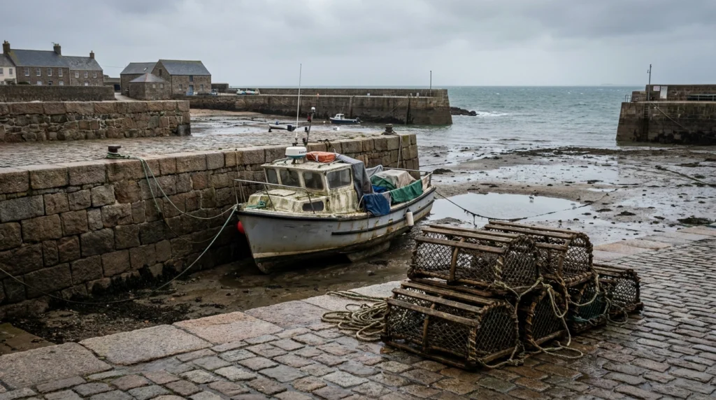 A quiet Jersey harbour at low tide, with a small fishing vessel moored alongside a stone quay, lobster pots stacked nearby, a