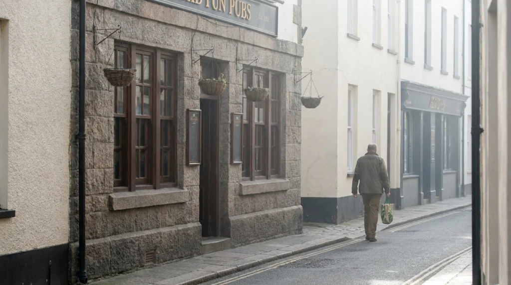 A quiet Jersey pub exterior on a sunny afternoon, a traditional stone-fronted building with wooden window frames and hanging