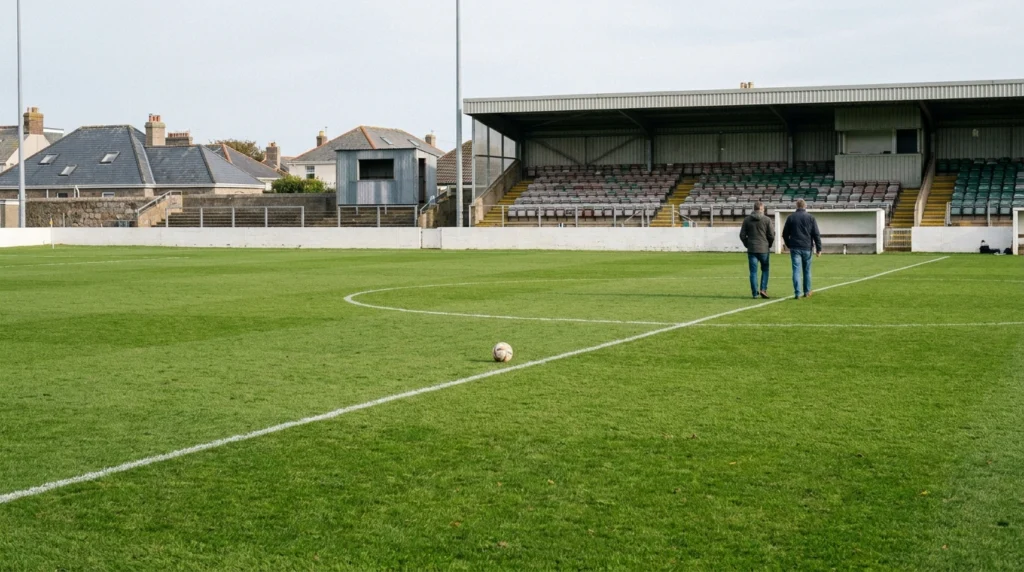 A wide-angle view of Springfield Stadium's football pitch in St Helier, Jersey, on a bright autumn afternoon.