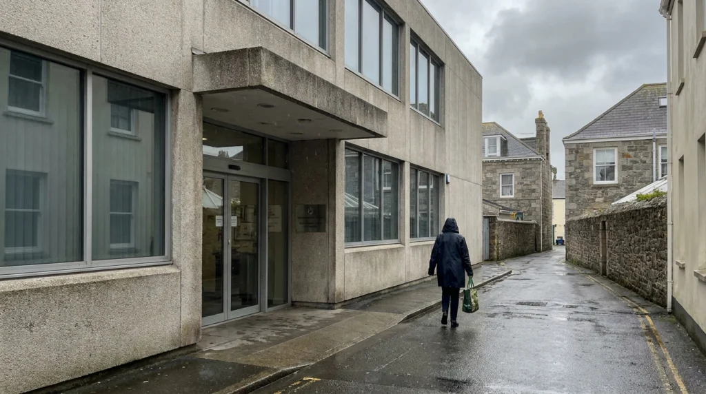 A plain, modern government office building in Jersey, Channel Islands, photographed from the street on an overcast day.