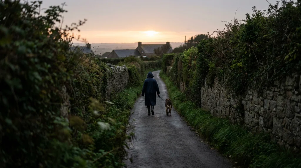 A quiet country lane in Jersey's rural interior at dusk, with hedgerows on either side and a pale orange sky on the horizon.