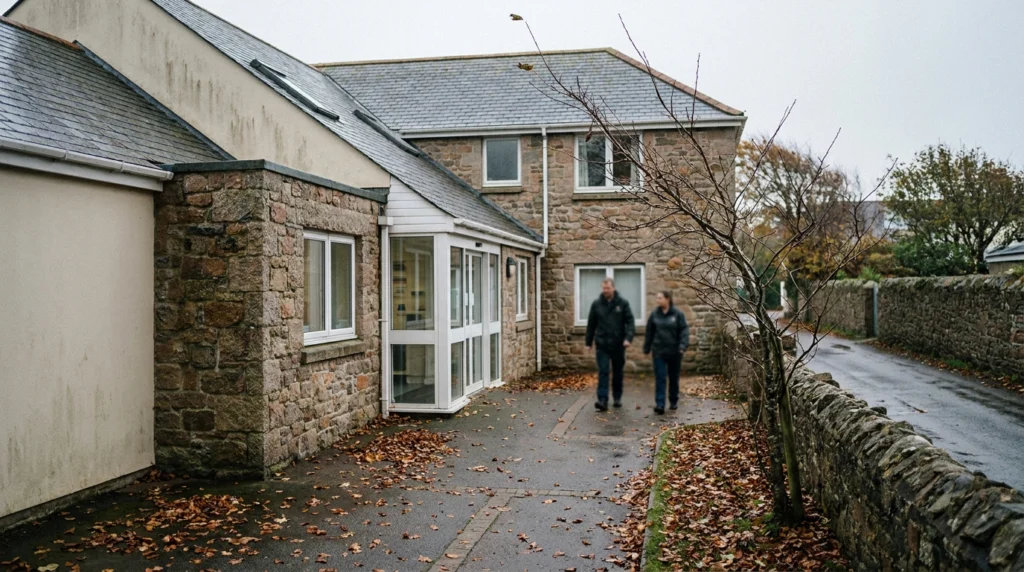 A quiet, modern low-rise healthcare building in Jersey, Channel Islands, photographed on an overcast autumn morning.