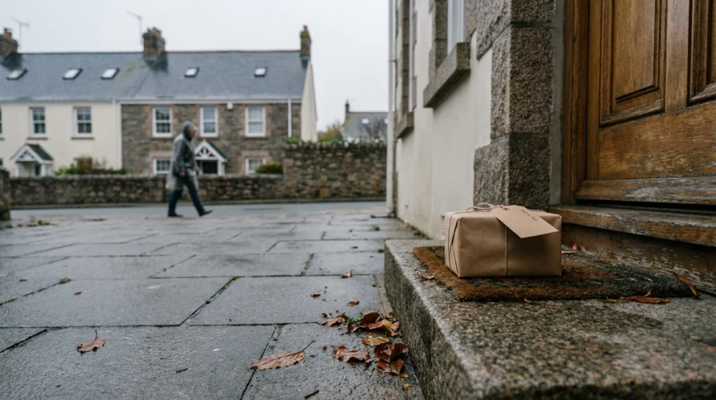 A wooden doorstep in a quiet Jersey residential street, with a small, neatly wrapped gift in plain paper and a handwritten la