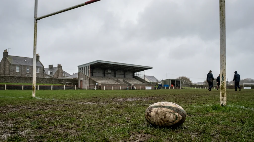 A muddy rugby pitch at a Jersey club ground on an overcast autumn afternoon, viewed from behind the posts.