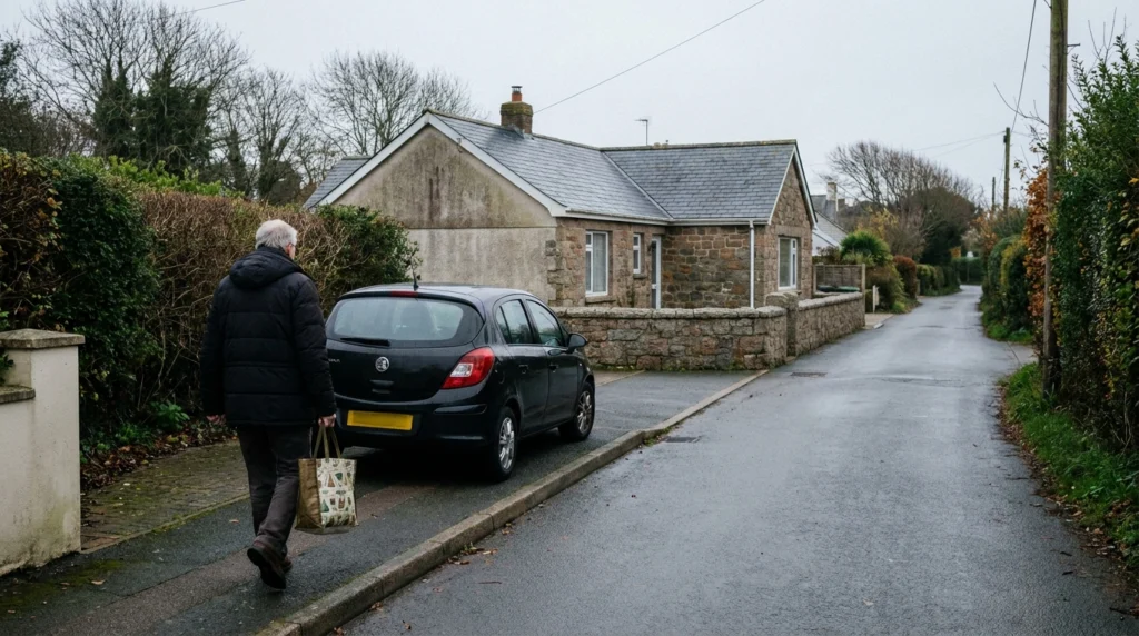 A quiet residential street in Jersey, Channel Islands, on an overcast autumn morning.