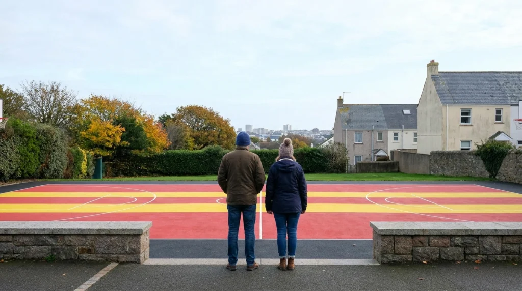 An outdoor basketball court at a public park in Jersey, Channel Islands, on a bright autumn morning.