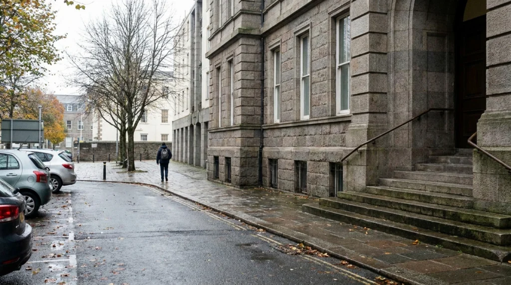 The exterior of the Royal Court building in St Helier, Jersey, Channel Islands, photographed on a calm autumn morning.