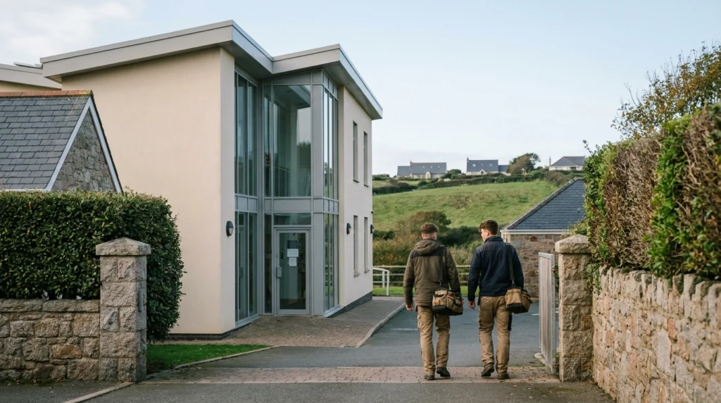 A modern, purpose-built college workshop building at Highlands College, Jersey, photographed from outside on a clear autumn m