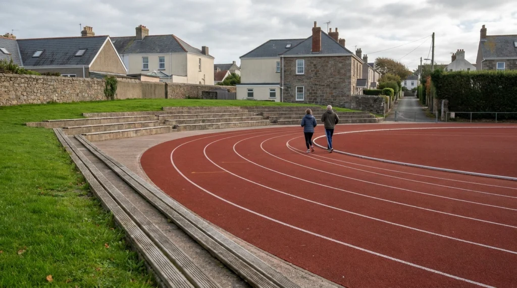 A wide-angle view of a well-maintained outdoor athletics track in Jersey, Channel Islands, on a bright autumn morning.