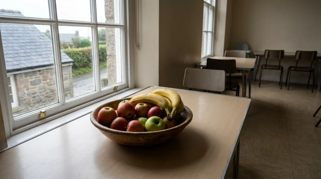 A wooden bowl of fresh apples and bananas sitting on a plain table in a bright, simply furnished primary school dining room i