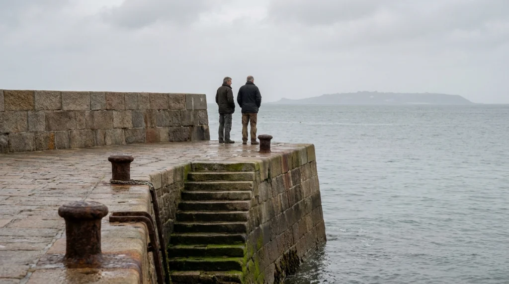 A wide-angle view of a Jersey harbour wall on a calm autumn morning, with open sea visible in the middle distance and the fai