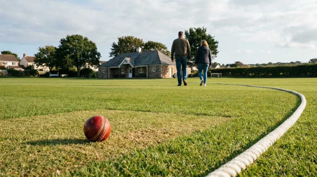 A well-kept cricket pitch and outfield on a sunny Channel Islands afternoon, with the pavilion visible in the middle distance