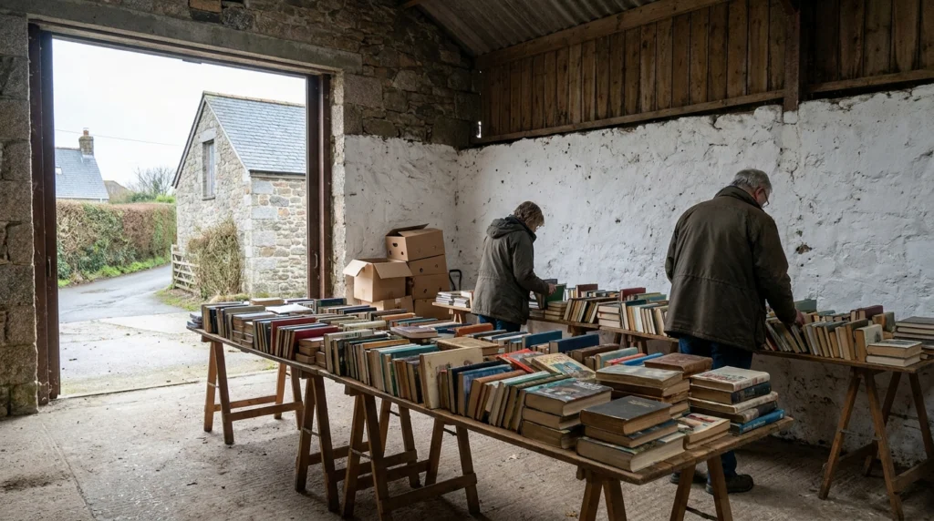 A large, airy farm storage building in Jersey's countryside, with long trestle tables neatly arranged and covered in rows of