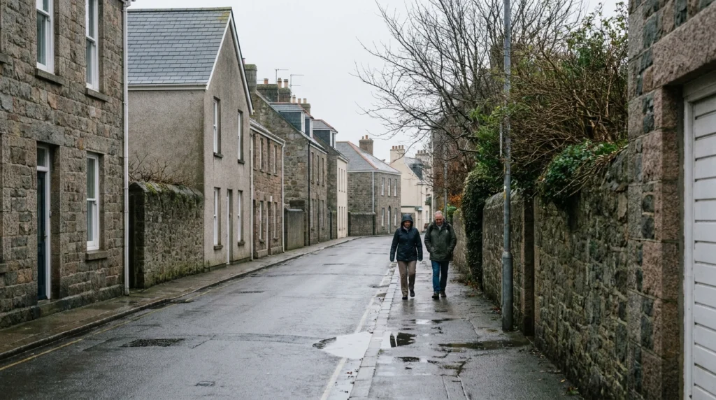 A quiet street in St Helier, Jersey, on an overcast autumn morning.