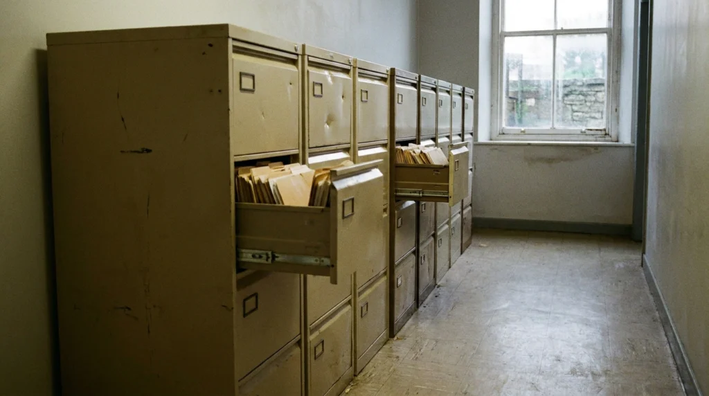 A row of tall metal filing cabinets with slightly open drawers, standing in a plain administrative corridor of a public build