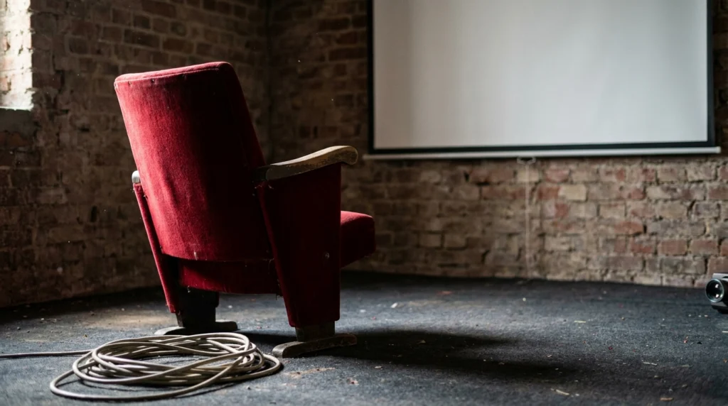 A single vintage cinema seat, upholstered in worn red fabric, sits in a small, dimly lit screening room with a plain white pr