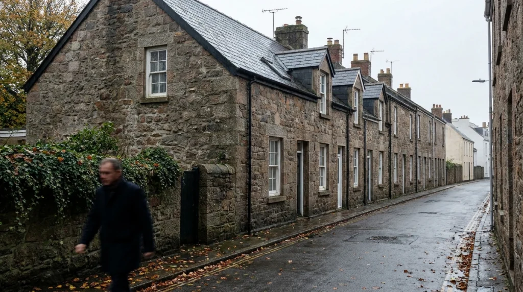 A row of traditional Jersey granite terraced houses on a quiet residential street, photographed from the pavement in soft aut