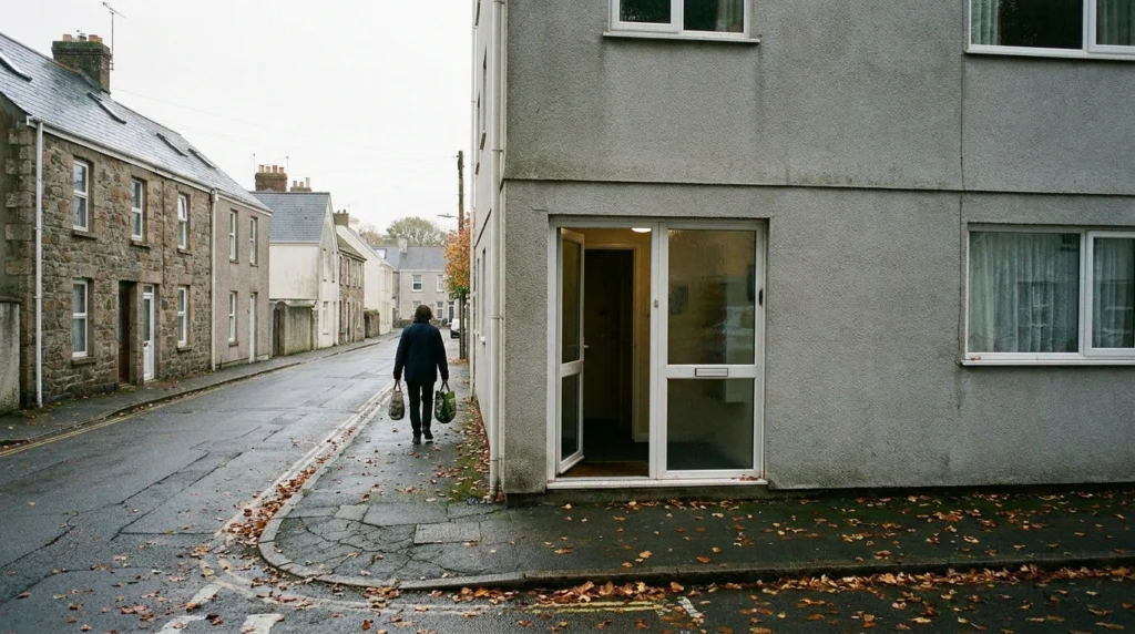 A quiet residential street in St Helier, Jersey, on an overcast autumn day.