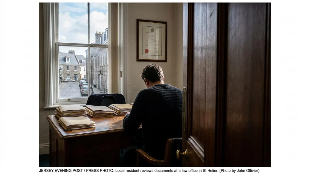 A quiet, well-appointed Jersey law office interior seen from the doorway, with a polished wooden desk, neatly stacked legal f