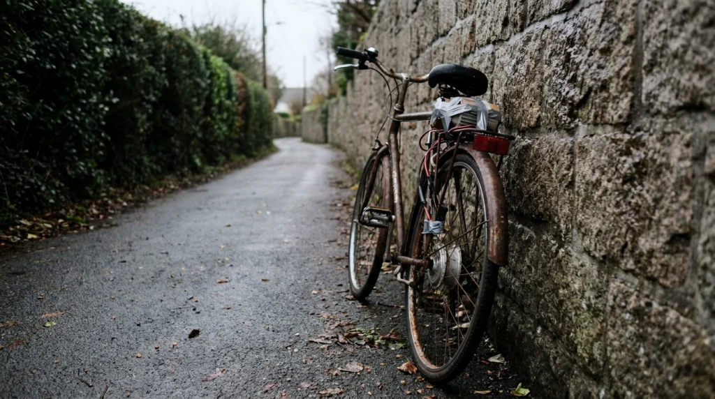 A battered old bicycle leaning against a stone wall on a quiet Jersey lane, with a small electric motor and basic wiring visi