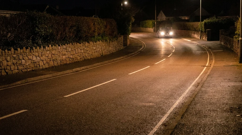 A quiet, well-lit suburban road in Jersey at night, taken from the roadside looking along the tarmac towards a gentle bend.