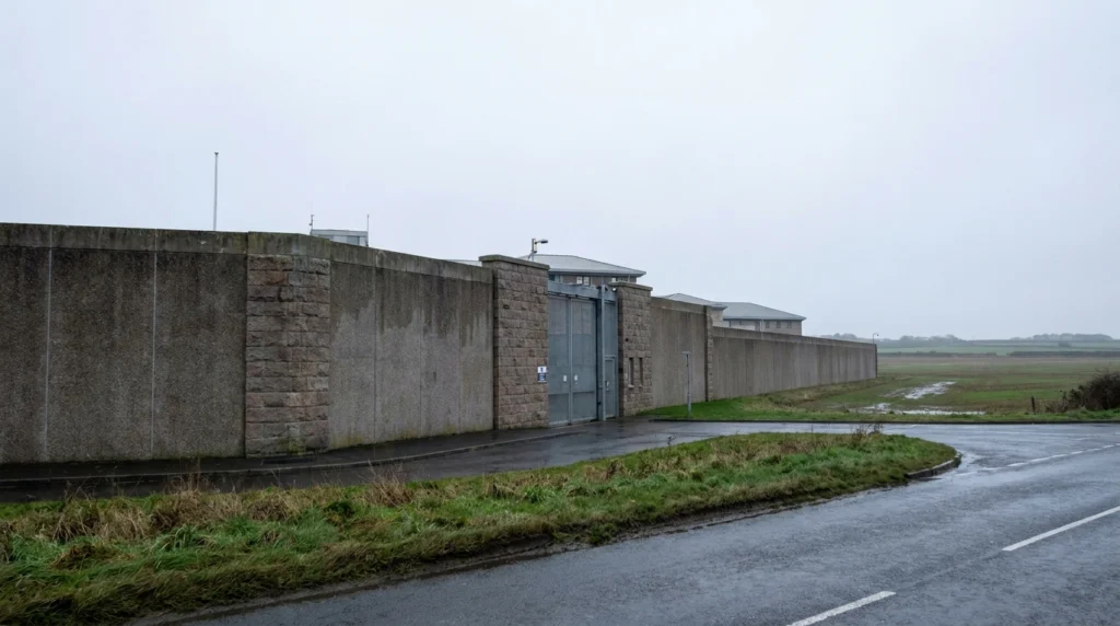 The exterior of La Moye Prison in Jersey, Channel Islands, photographed on a grey overcast day.