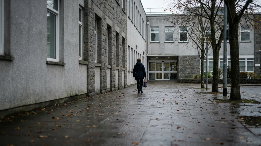 The entrance to Jersey's General Hospital on a grey autumn morning, seen from the pavement outside.
