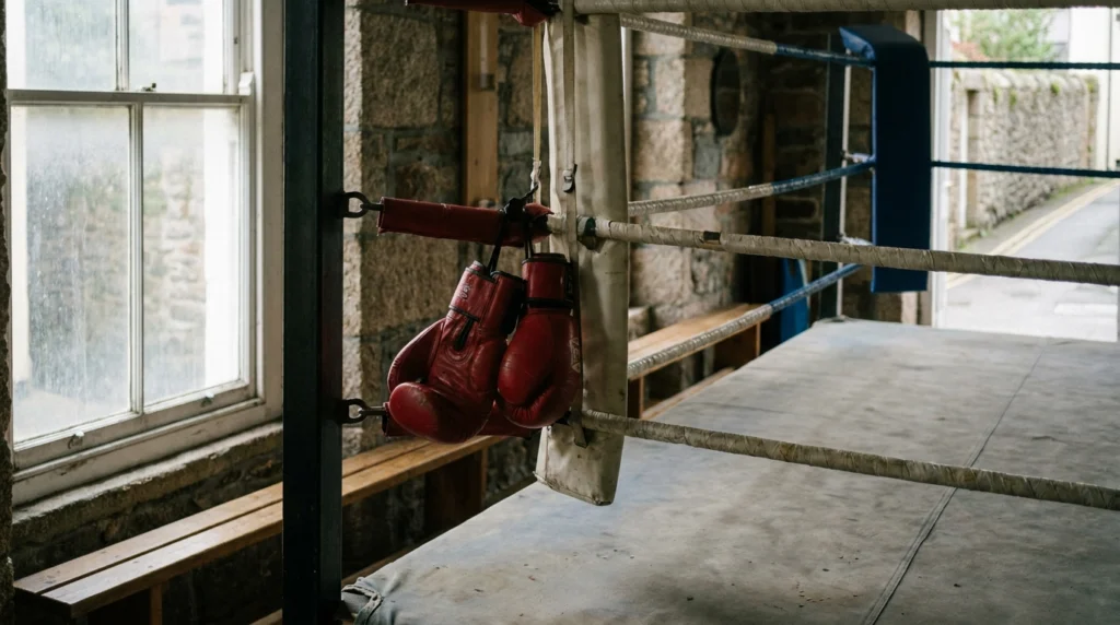 A pair of Muay Thai boxing gloves resting on the corner post of a ring, photographed in a modest gym interior in Jersey, Chan