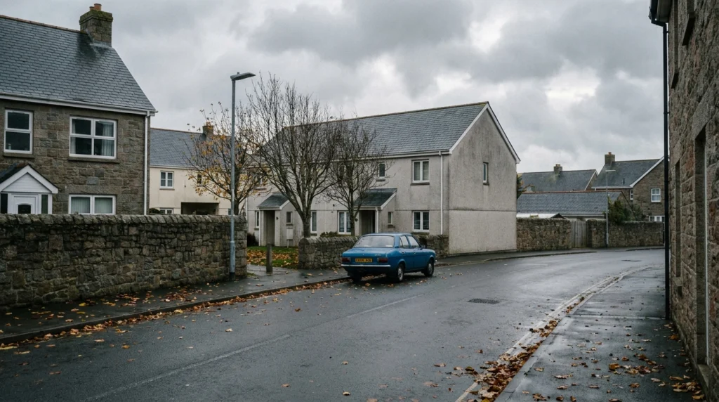 A quiet residential street in Jersey, Channel Islands, on an overcast autumn morning.