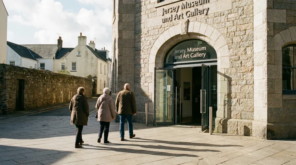 The exterior of Jersey Museum in St Helier on a bright autumn day, warm light falling across the stone facade.