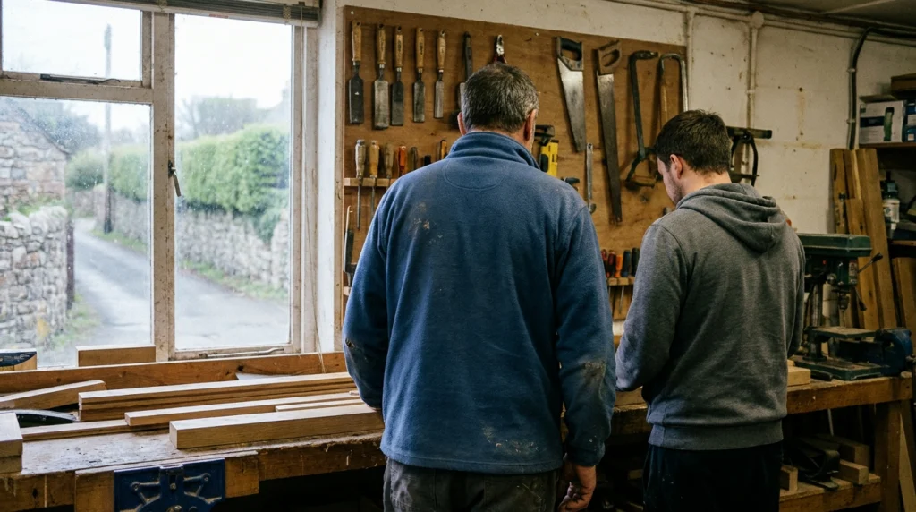 A small workshop or trade premises in Jersey, Channel Islands, with tools and equipment visible in the background.