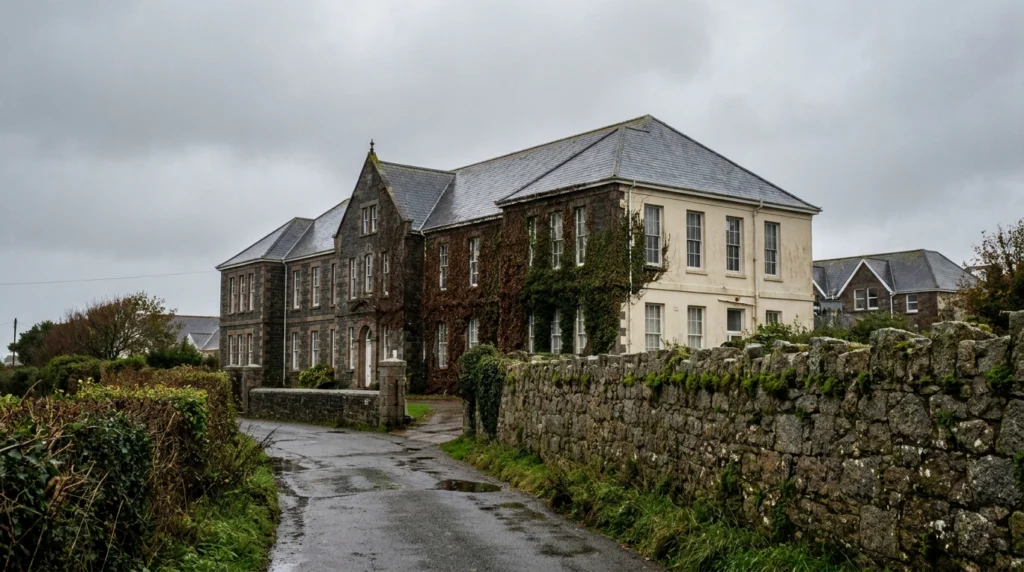 A wide-angle view of the exterior of a large, ageing Victorian-era institutional building in Jersey, partially overgrown with