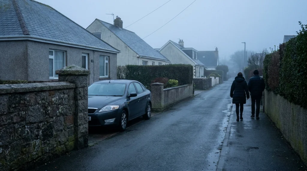 A quiet residential street in Jersey, Channel Islands, in the grey-blue light of early morning, with a plain unmarked police