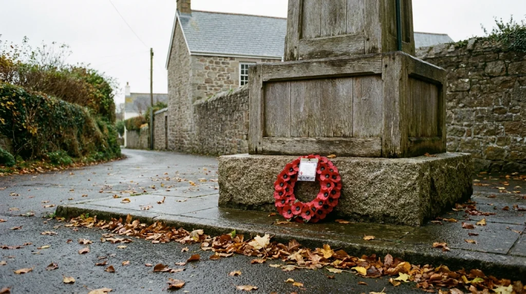 A simple wooden cenotaph or war memorial in a quiet Jersey parish setting, with a small wreath of red poppies laid at its bas