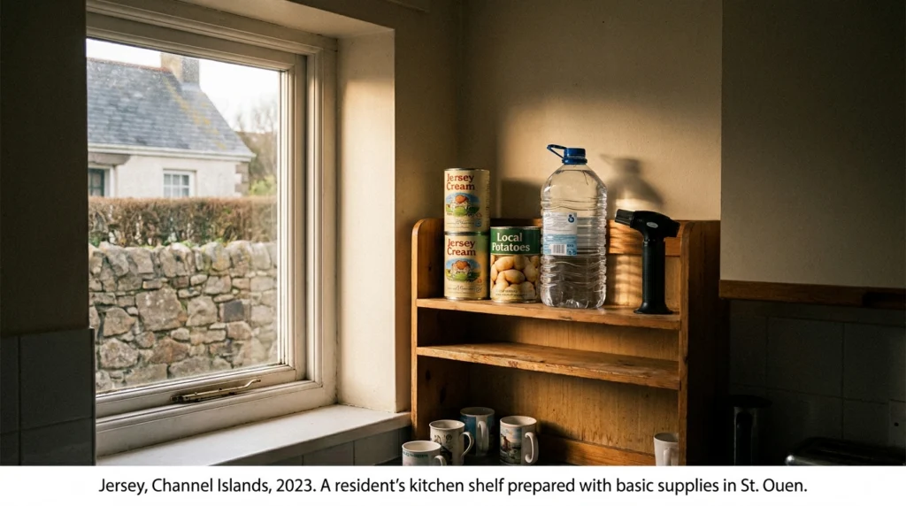 A modest Jersey kitchen, seen from a slight angle, with a wooden shelf or countertop holding a small, neatly arranged collect
