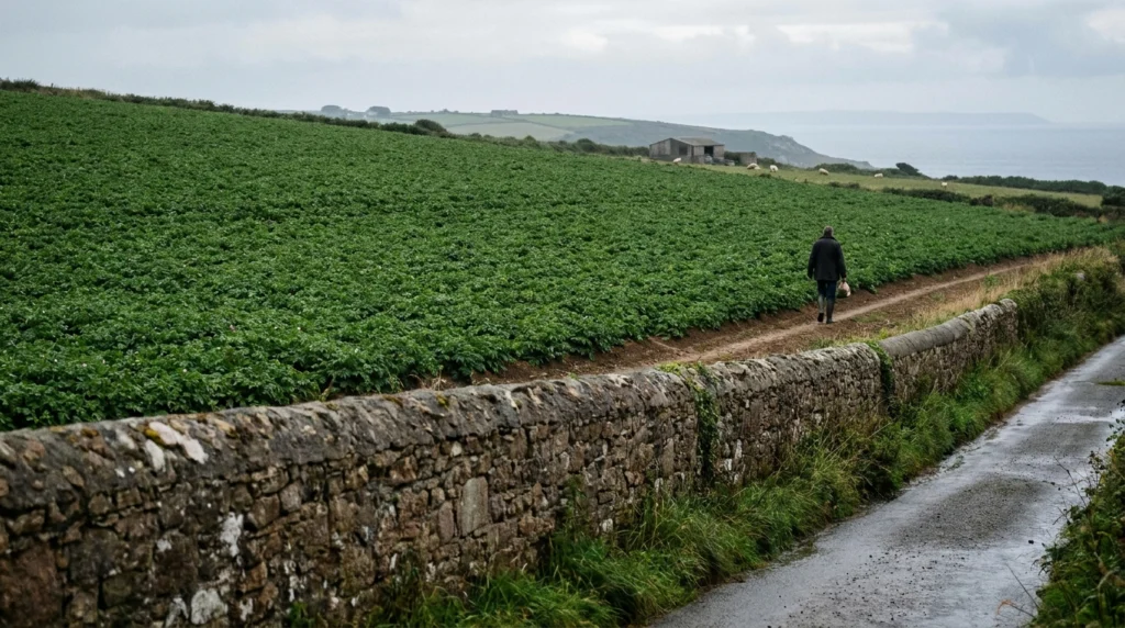 A gently sloping Jersey Royal potato field in early morning light, with rows of green potato plants visible across the hillsi