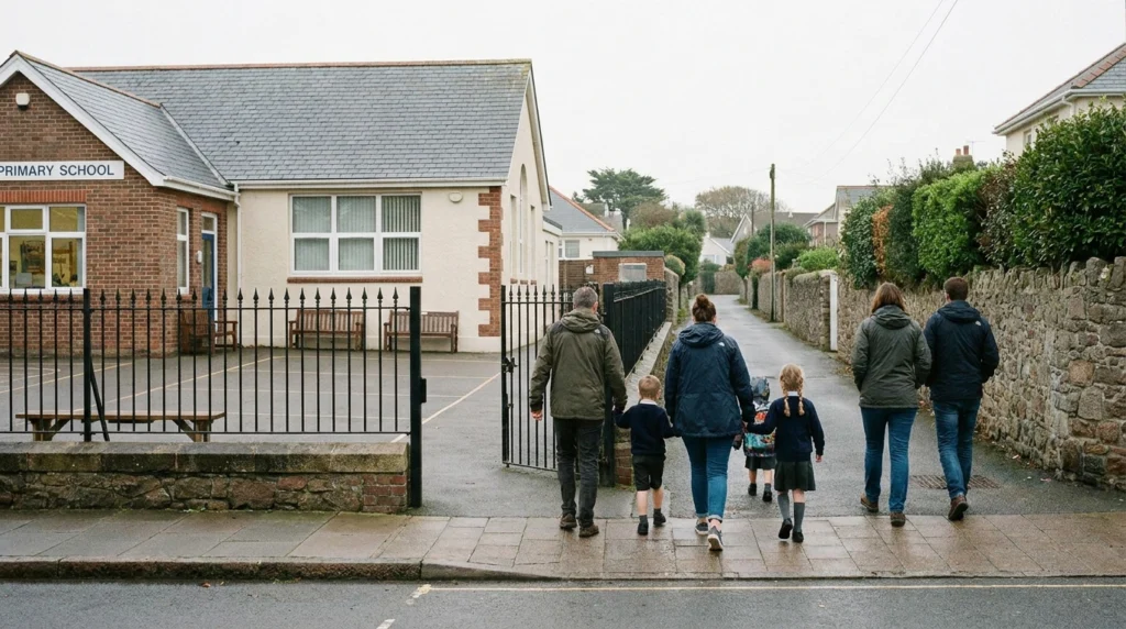 The entrance gates of a Jersey government primary school on a quiet morning, seen from the pavement outside.