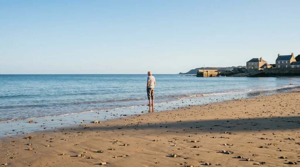A wide, sun-drenched sandy beach on Jersey's south coast in late summer light, with calm blue sea and a clear sky.
