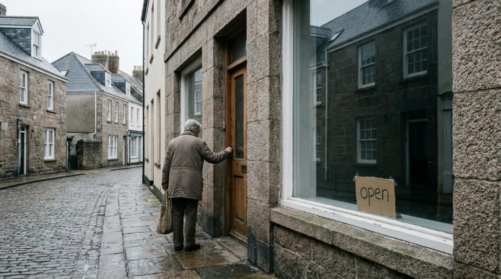 A quiet Jersey high street shopfront with a small handwritten "open" sign in the window, the kind of modest premises a commun