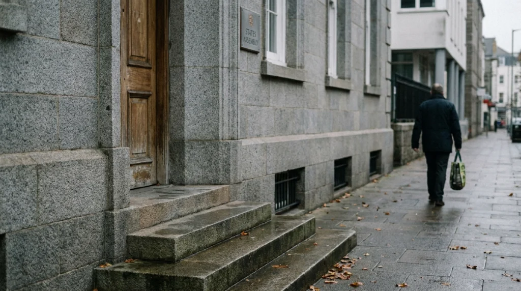 The exterior of the States Assembly building in St Helier, Jersey, Channel Islands, photographed on an overcast autumn mornin