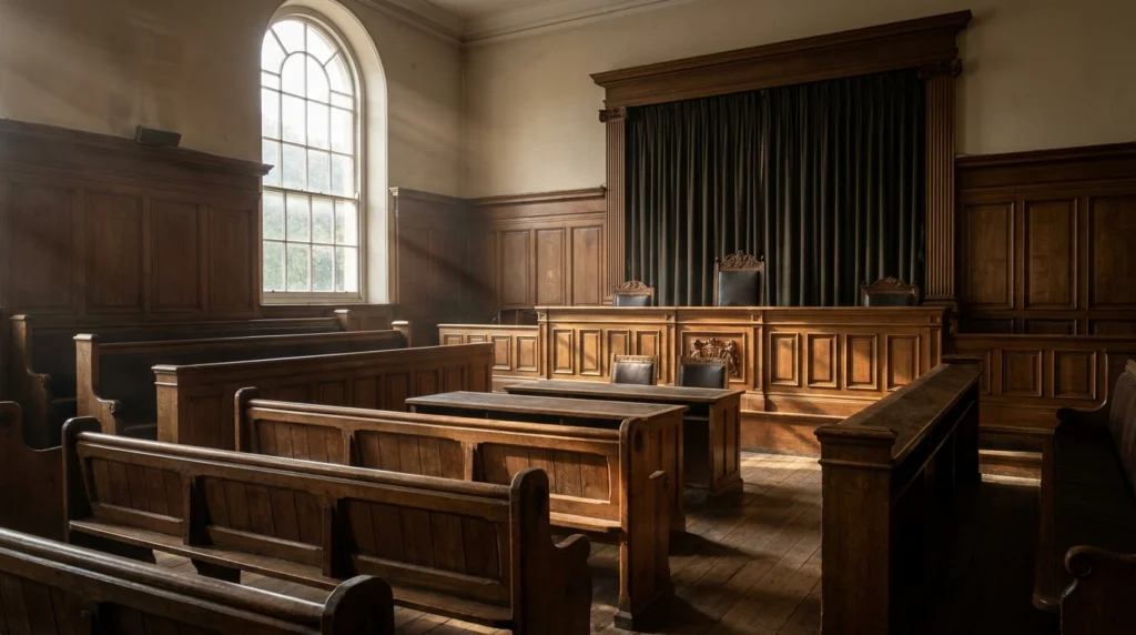 The interior of the Royal Court of Jersey, empty and quiet, with wooden benches, the raised judicial bench and traditional pa