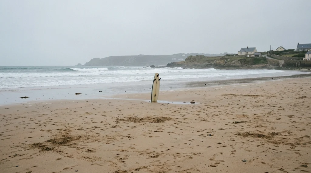 A wide, open sandy beach on the Jersey coastline on a grey-skied autumn morning, with clean waves rolling in from the Atlanti