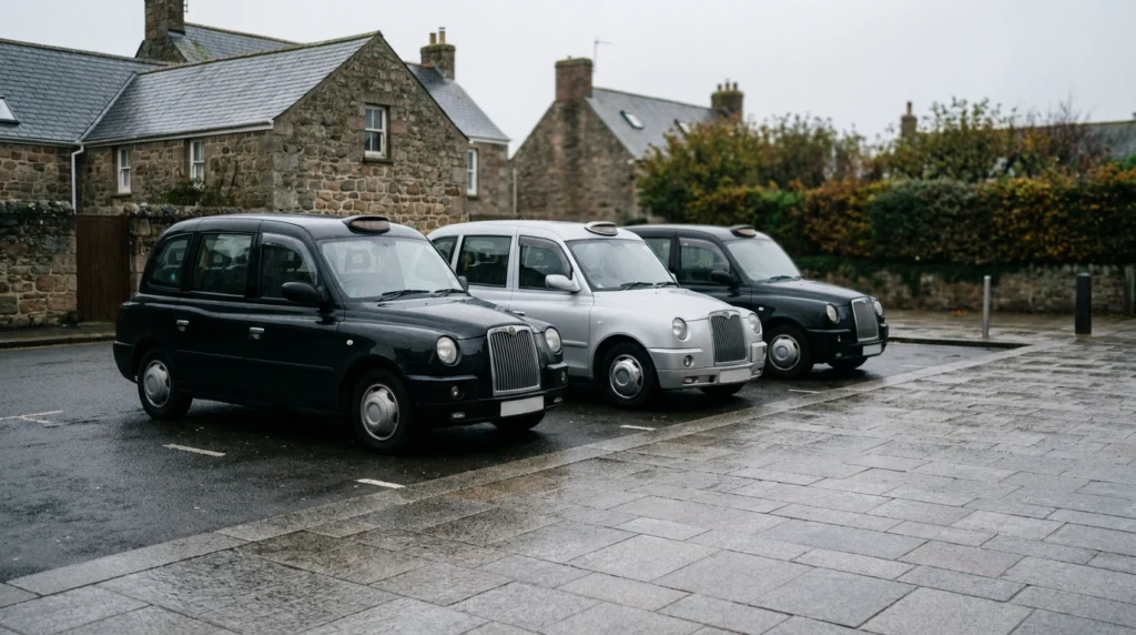 A row of taxis parked at a quiet rank in St Helier, Jersey, on a grey autumn morning.