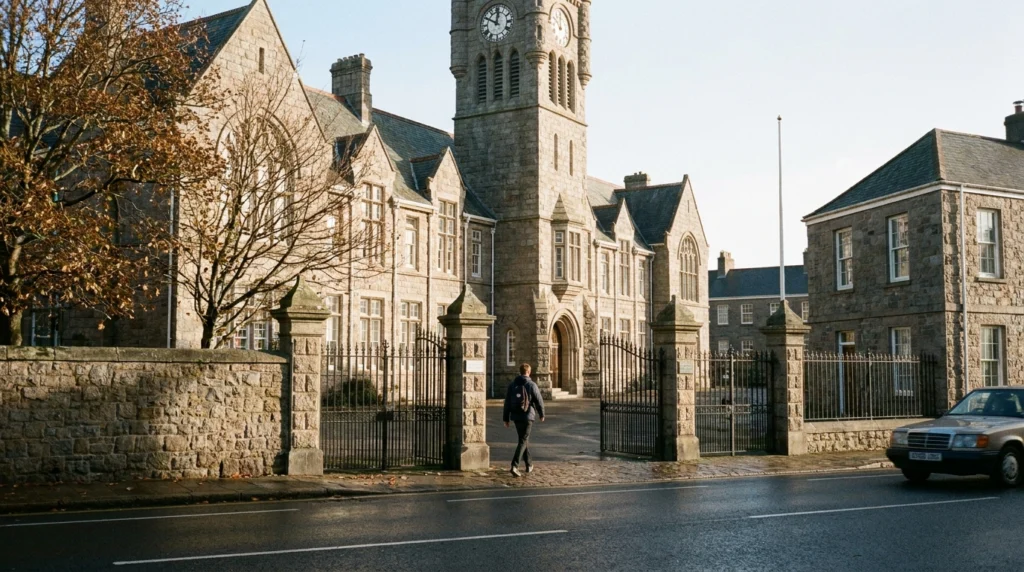 A wide shot of Victoria College's distinctive granite facade in St Helier, Jersey, on a bright autumn morning, with a single