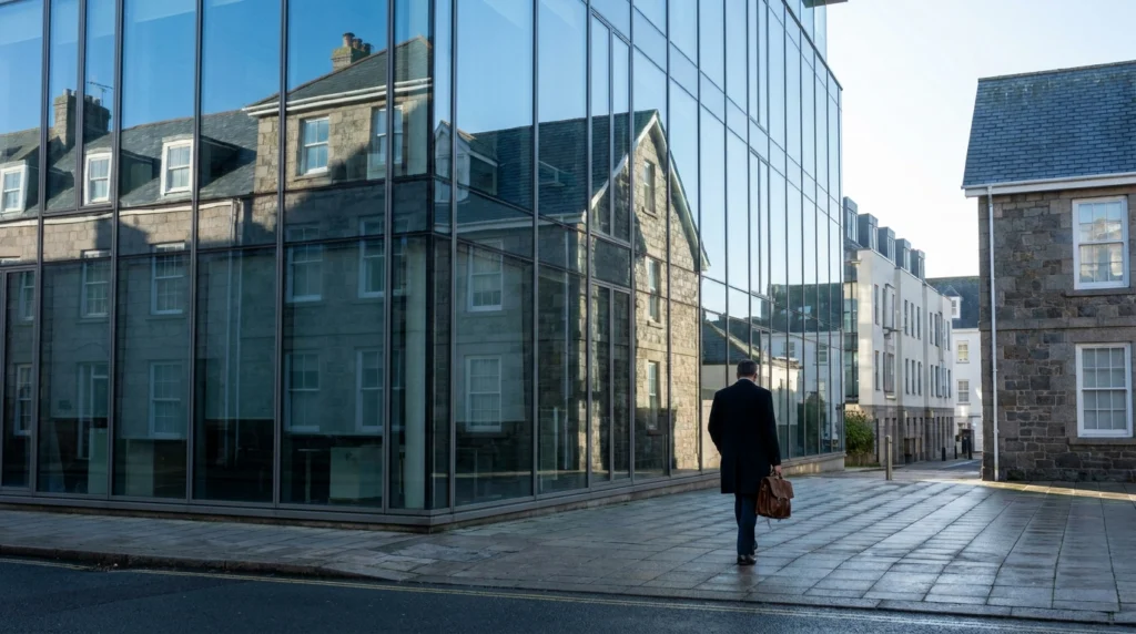 A wide-angle view of the exterior of a modern glass-fronted office building in St Helier, Jersey, Channel Islands, on a clear