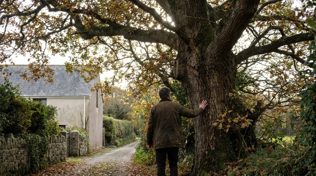 A mature tree in a Jersey country lane or parish park, its trunk and spreading canopy filling the frame, with dappled autumn