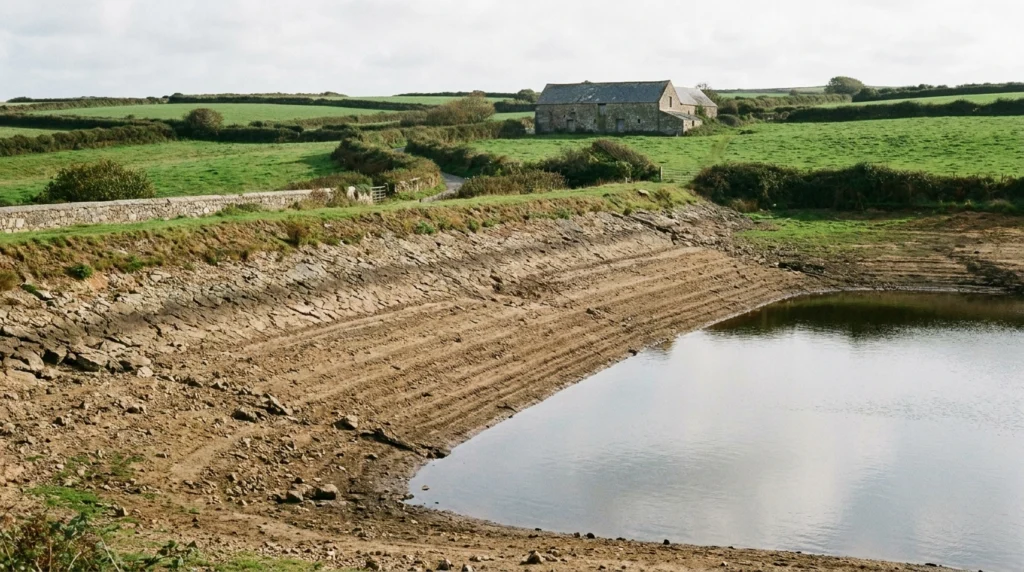 A close-up view of one of Jersey's reservoir embankments on a dry, sunny autumn day, with the water level visibly low and a w