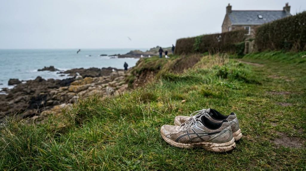 A pair of well-worn running shoes resting on a grassy coastal path in Jersey, Channel Islands, with a stretch of rocky shorel